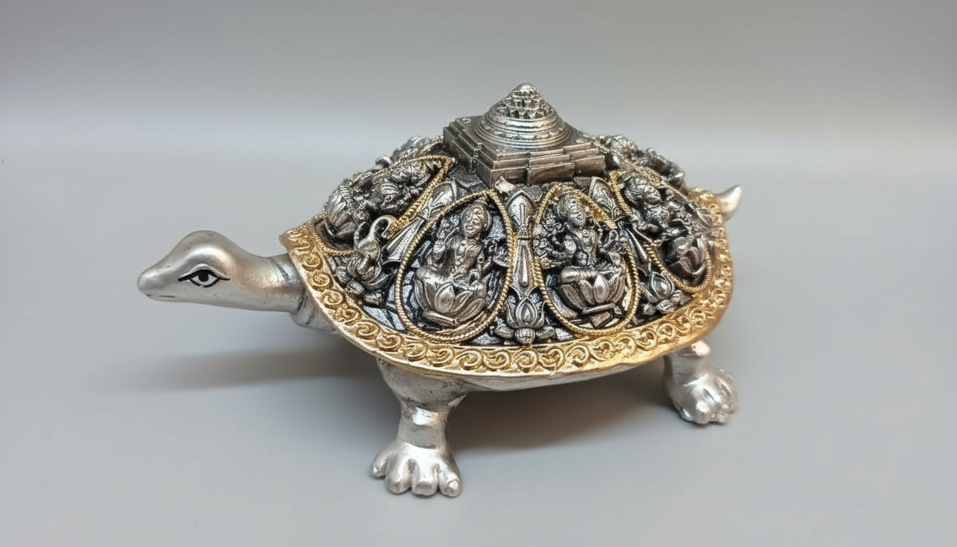 Vastu Astalakshmi Kurma Tortoise with Maha Meru- Silver plated Polyresin