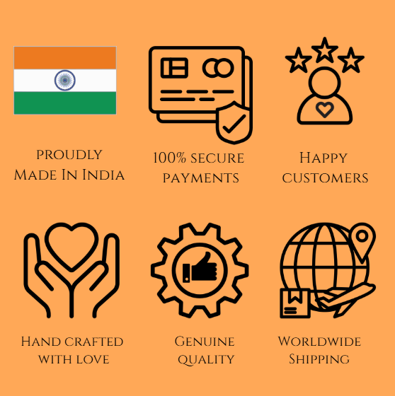 Icons and text highlighting made in India, secure payments, handcrafted quality, and worldwide shipping guarantees.