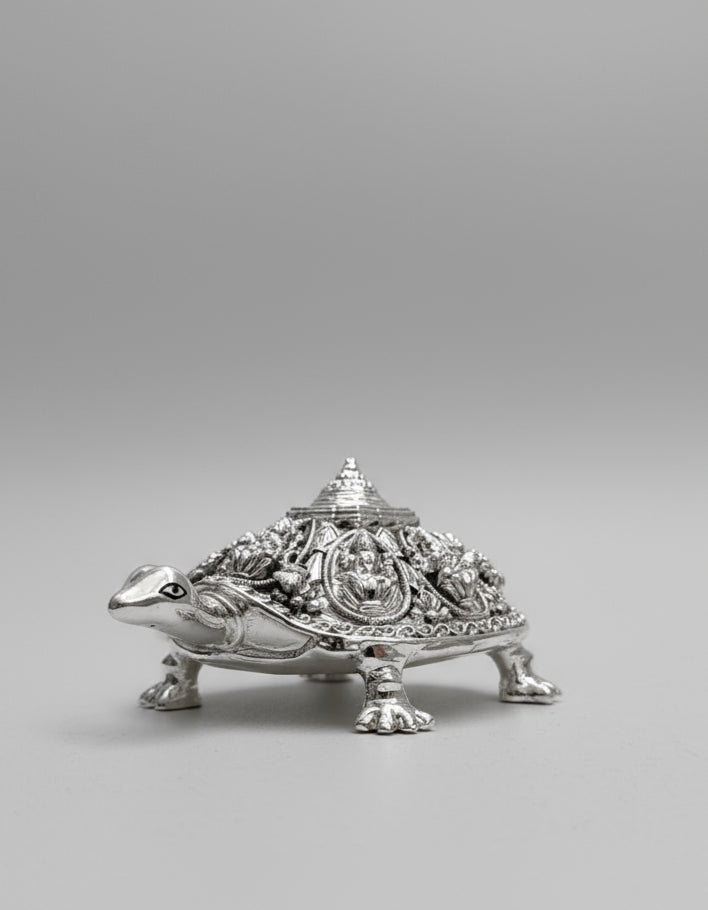 Vastu Astalakshmi Kurma Tortoise with Maha Meru- Silver plated Polyresin
