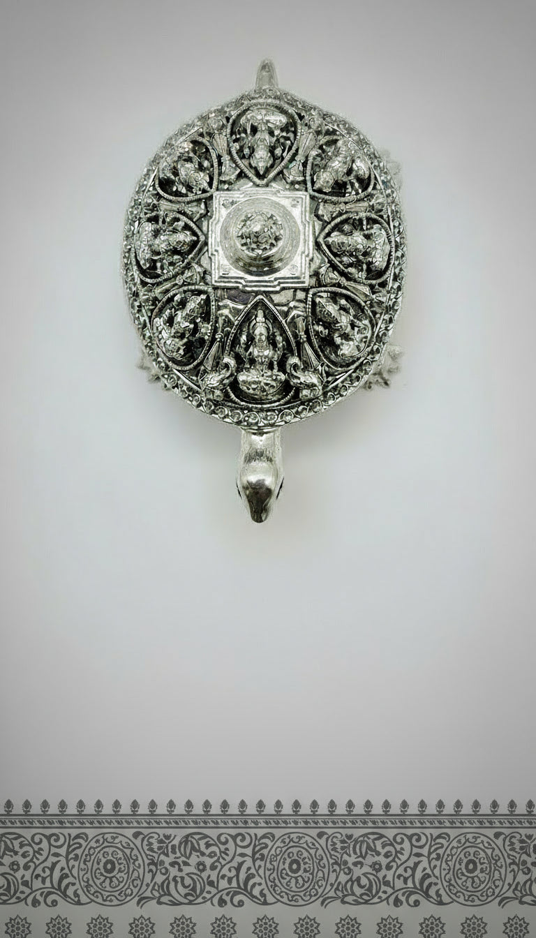 Vastu Astalakshmi Kurma Tortoise with Maha Meru- Silver plated Polyresin