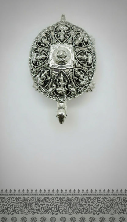 Vastu Astalakshmi Kurma Tortoise with Maha Meru- Silver plated Polyresin