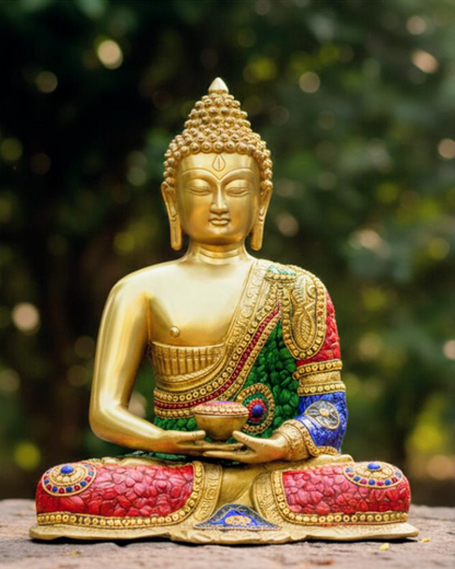 Brass Buddha statue with Stone inlay work | Handcrafted with devotion