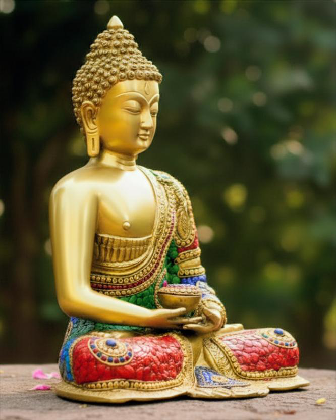 Brass Buddha statue with Stone inlay work | Handcrafted with devotion