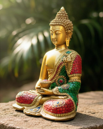 Brass Buddha statue with Stone inlay work | Handcrafted with devotion