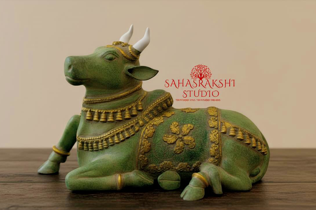 Large Brass Nandi Maharaj sculpture with Green Rustic Patina Finish