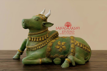Large Brass Nandi Maharaj sculpture with Green Rustic Patina Finish
