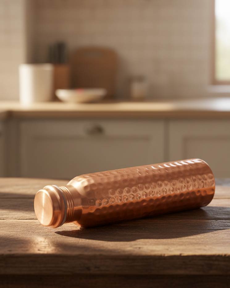 Top view of hammered copper bottle with secure lid traditional Ayurvedic drinkware