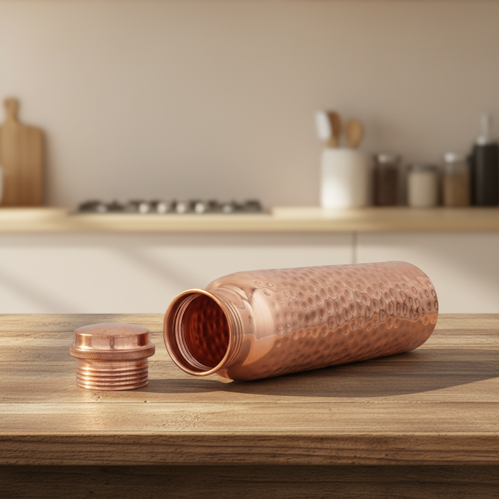 Copper water bottle with open screw lid showing pure copper interior food grade