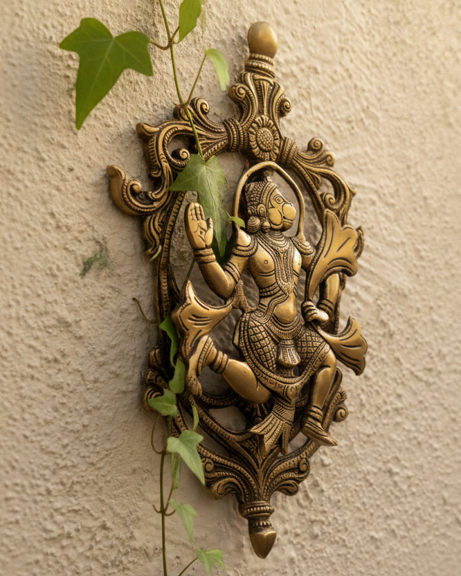 Blessing Hanuman wall-hanging in Brass