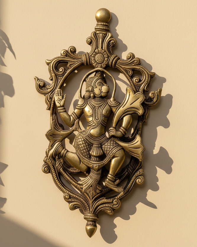Blessing Hanuman wall-hanging in Brass
