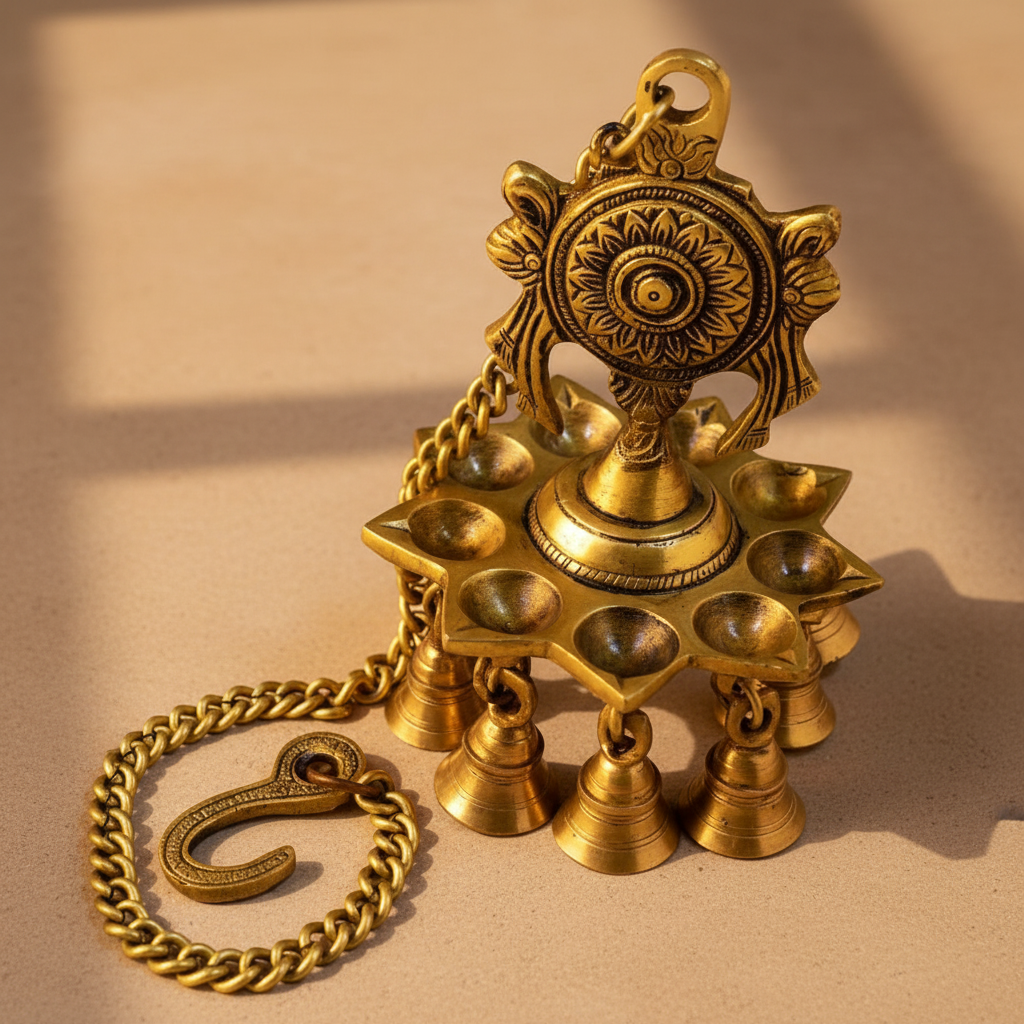 Handcrafted brass Shankh Chakra hanging diya with traditional bells