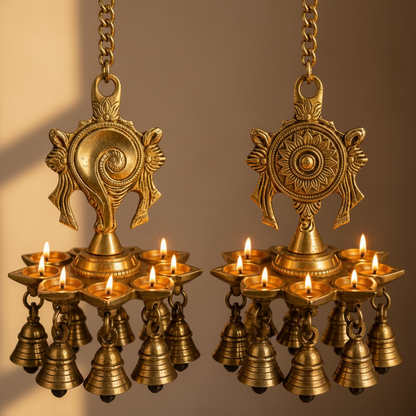 Shankh Chakra Hanging Diya | with Bells | Handcrafted with devotion