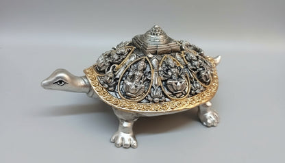 Vastu Astalakshmi Kurma Tortoise with Maha Meru- Silver plated Polyresin