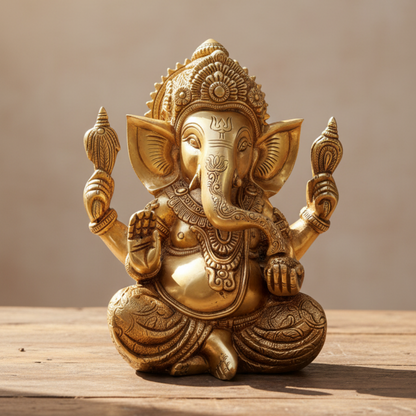 Sri Ganesha in seated Sukhasana | Sitting Ganesha - Handcrafted Pure Brass Idol