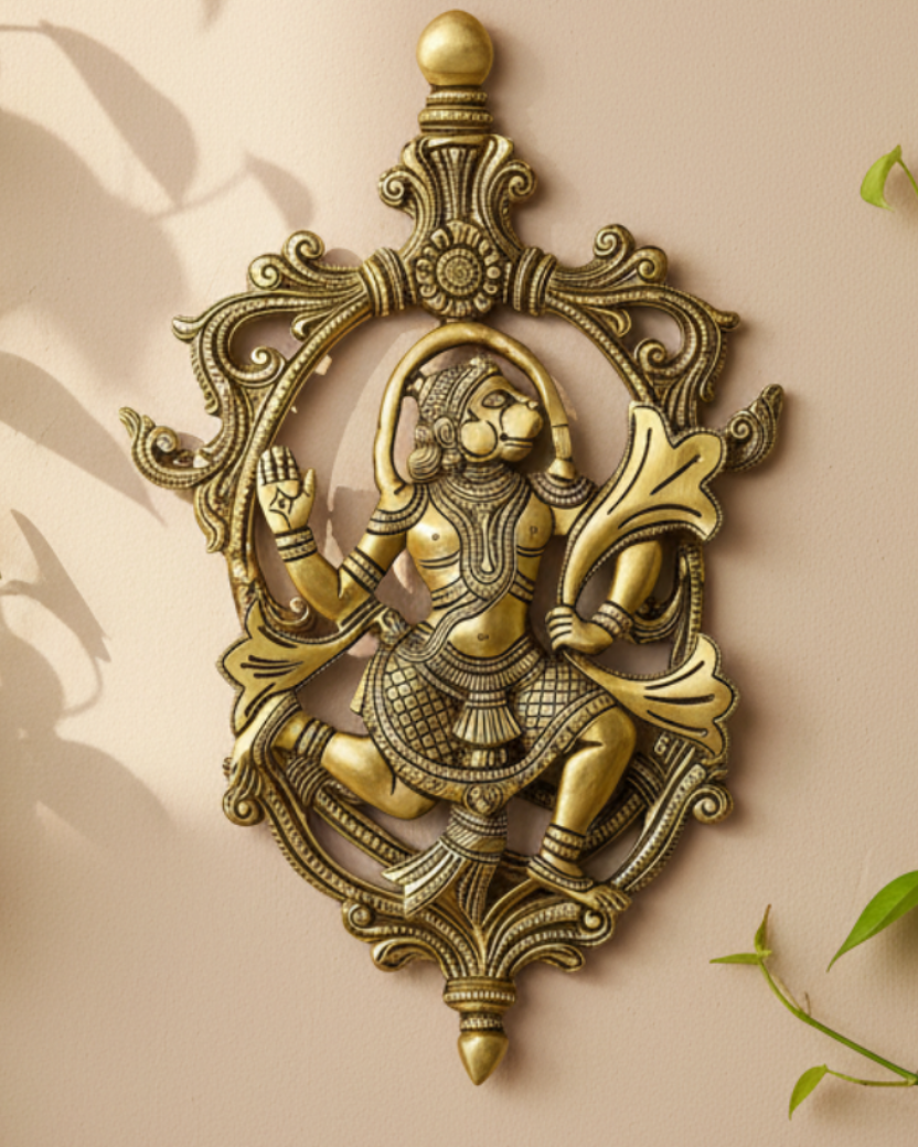 Blessing Hanuman wall-hanging in Brass