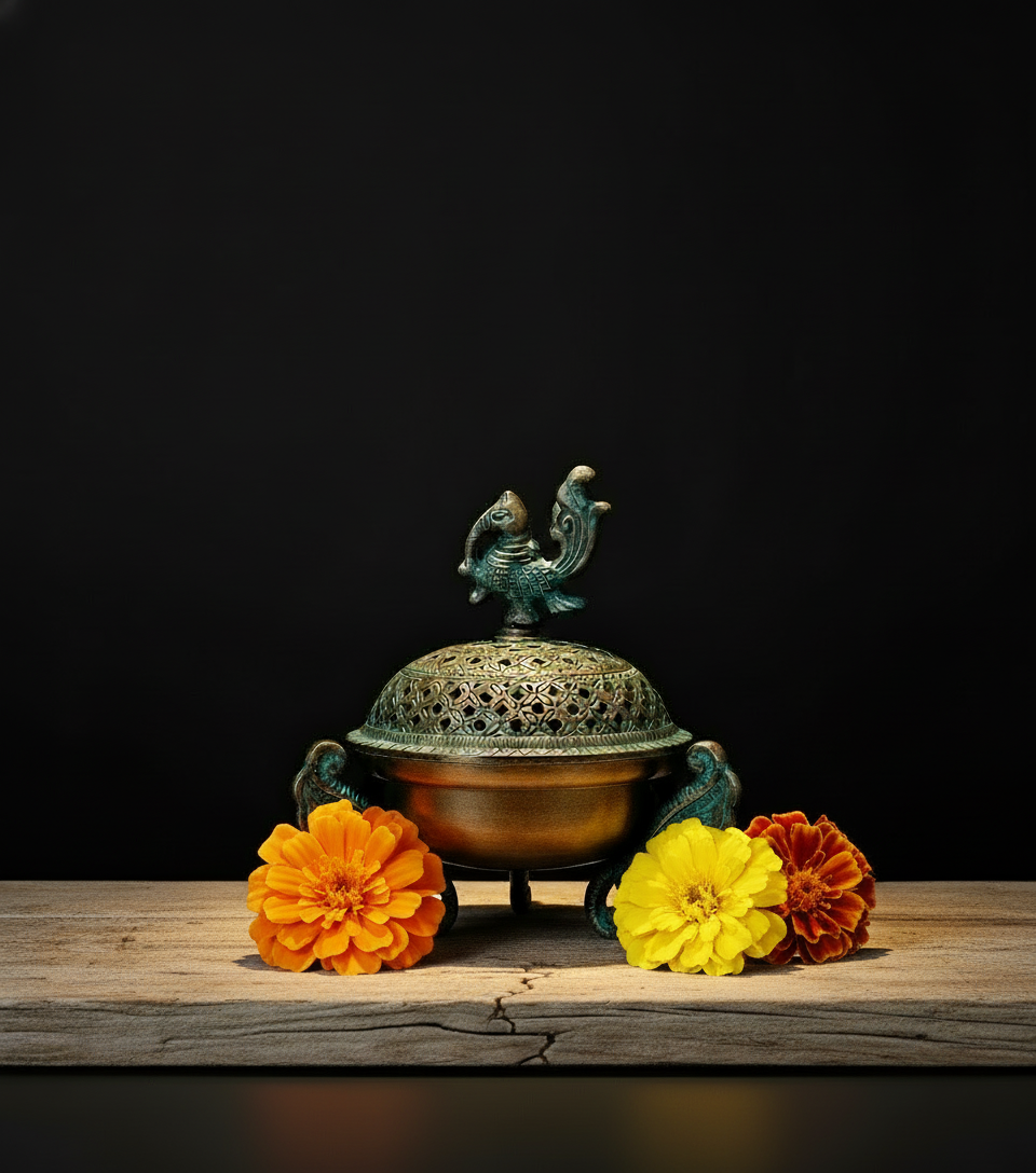 Handcrafted Indian Peacock Brass Loban/ Dhoopdani /  Indian Incense Burner