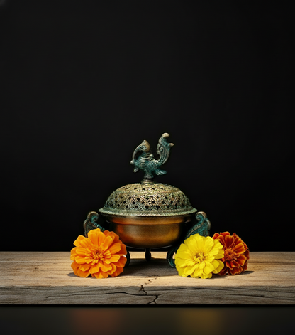 Handcrafted Indian Peacock Brass Loban/ Dhoopdani /  Indian Incense Burner