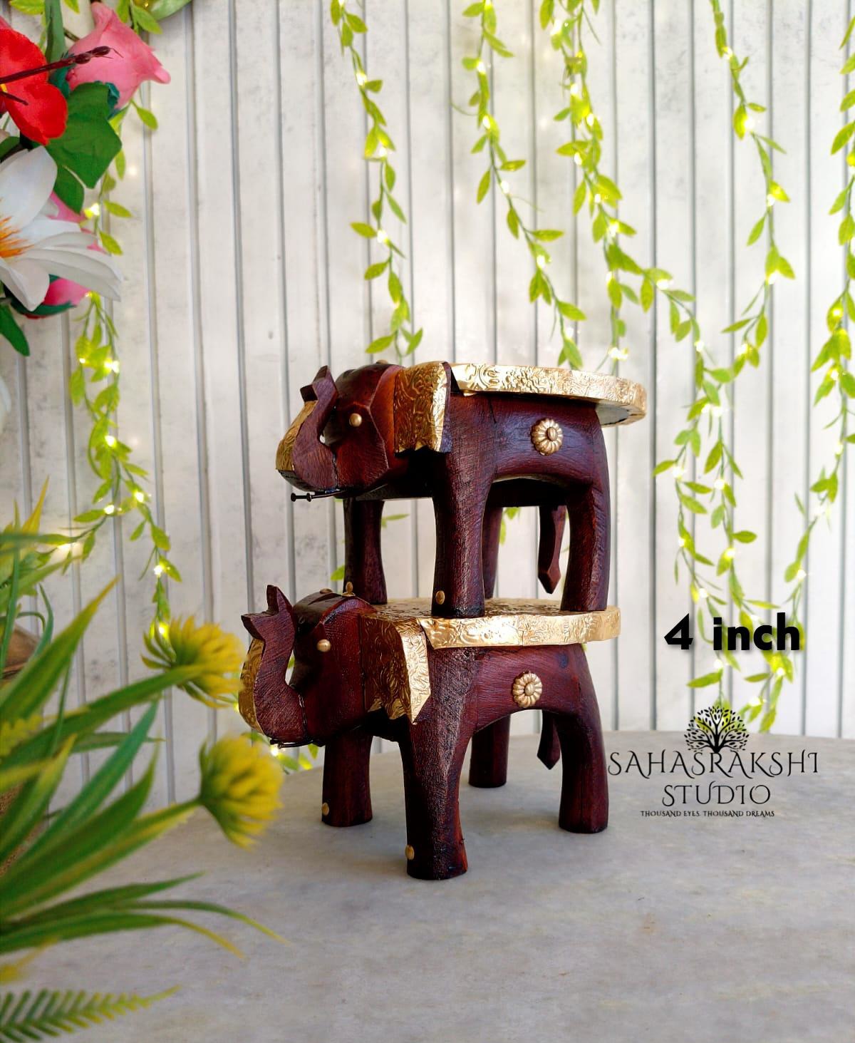 Handcrafted Brass Wood Elephant Table Set (2 pieces) - ( available in sizes 8" | 6" | 4")