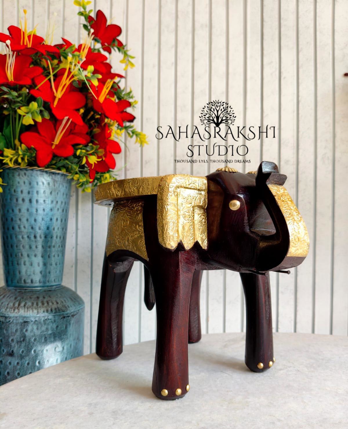 Handcrafted Brass Wood Elephant Table Set (2 pieces) - ( available in sizes 8" | 6" | 4")