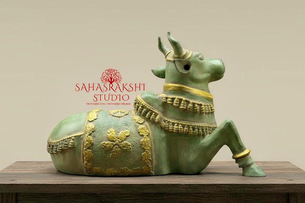 Large Brass Nandi Maharaj sculpture with Green Rustic Patina Finish