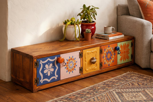 Solid Mango Wood Console Cabinet -  Handcarved with Rustic Style