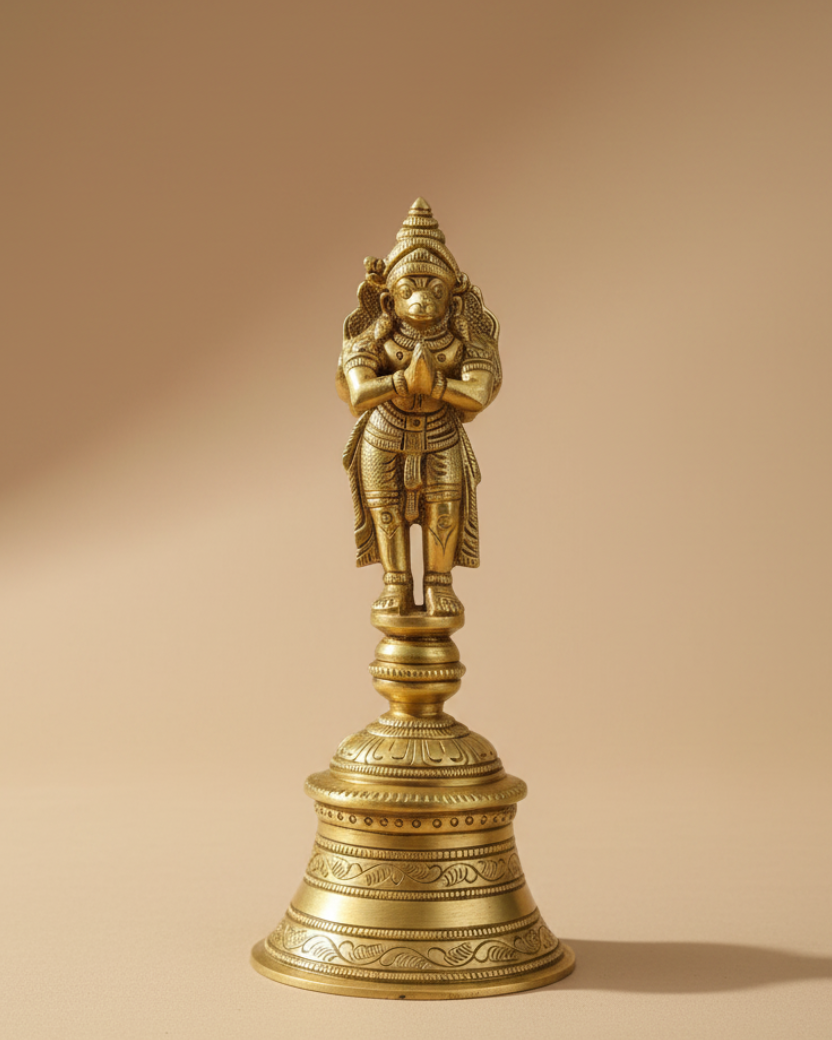 Premium heavy brass Garuda Hanuman bell with intricate carvings, traditional Indian temple bell for home mandir and पूजा/pooja use.”
