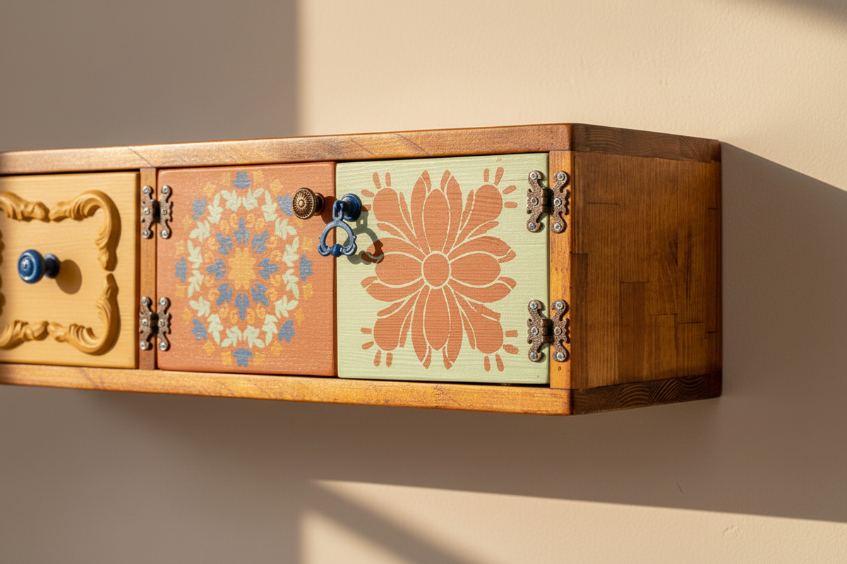 Solid Mango Wood Console Cabinet -  Handcarved with Rustic Style