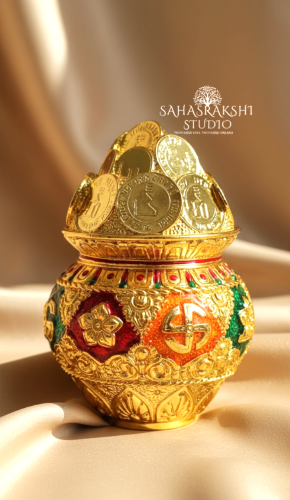 Vaastu Dhan kalash / Kuber coin Kalash - Polyresin with gold/silver plated