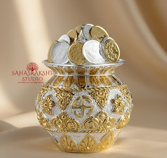 Vaastu Dhan kalash / Kuber coin Kalash - Polyresin with gold/silver plated