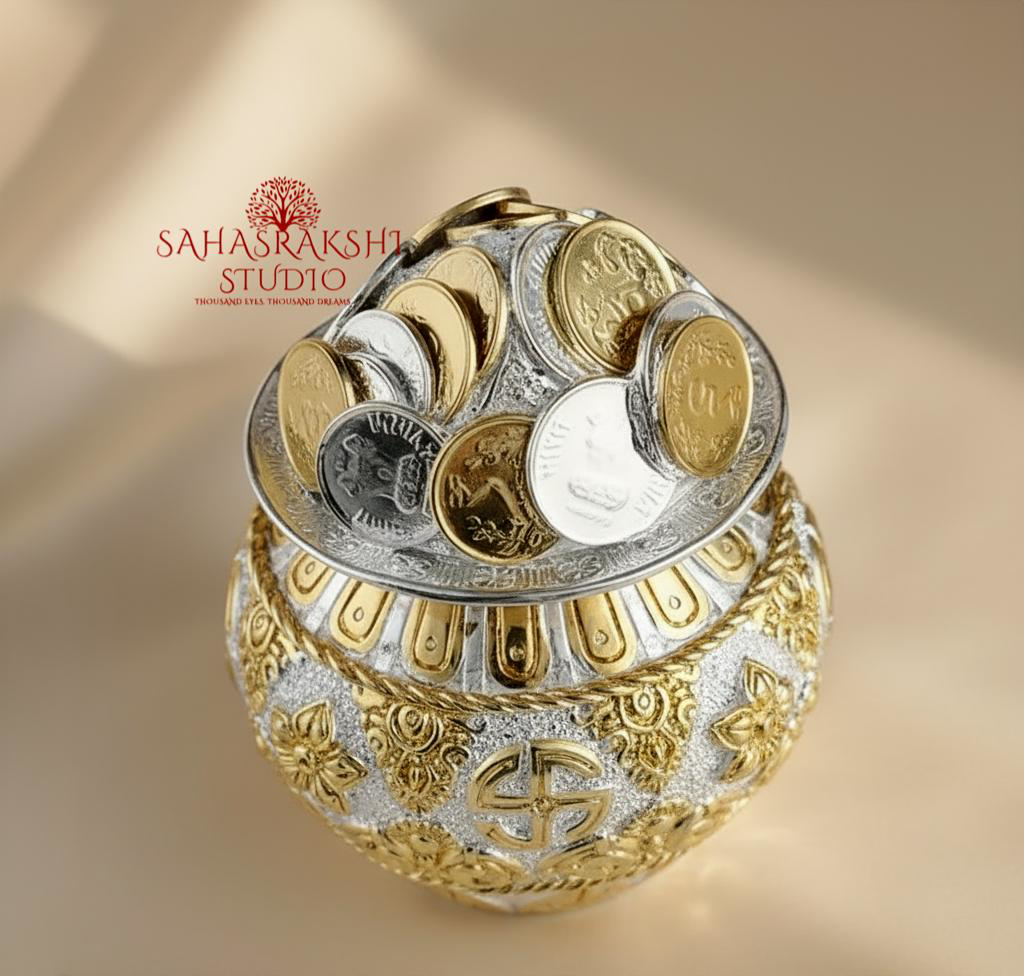 Vaastu Dhan kalash / Kuber coin Kalash - Polyresin with gold/silver plated