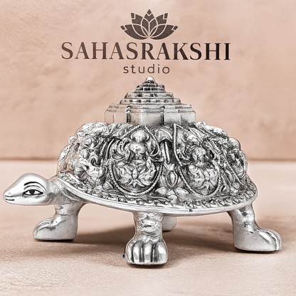 Vastu Astalakshmi Kurma Tortoise with Maha Meru- Silver plated Polyresin