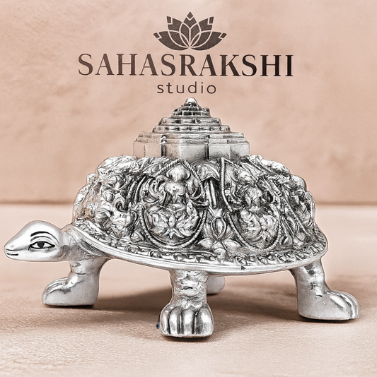 Vastu Astalakshmi Kurma Tortoise with Maha Meru- Silver plated Polyresin