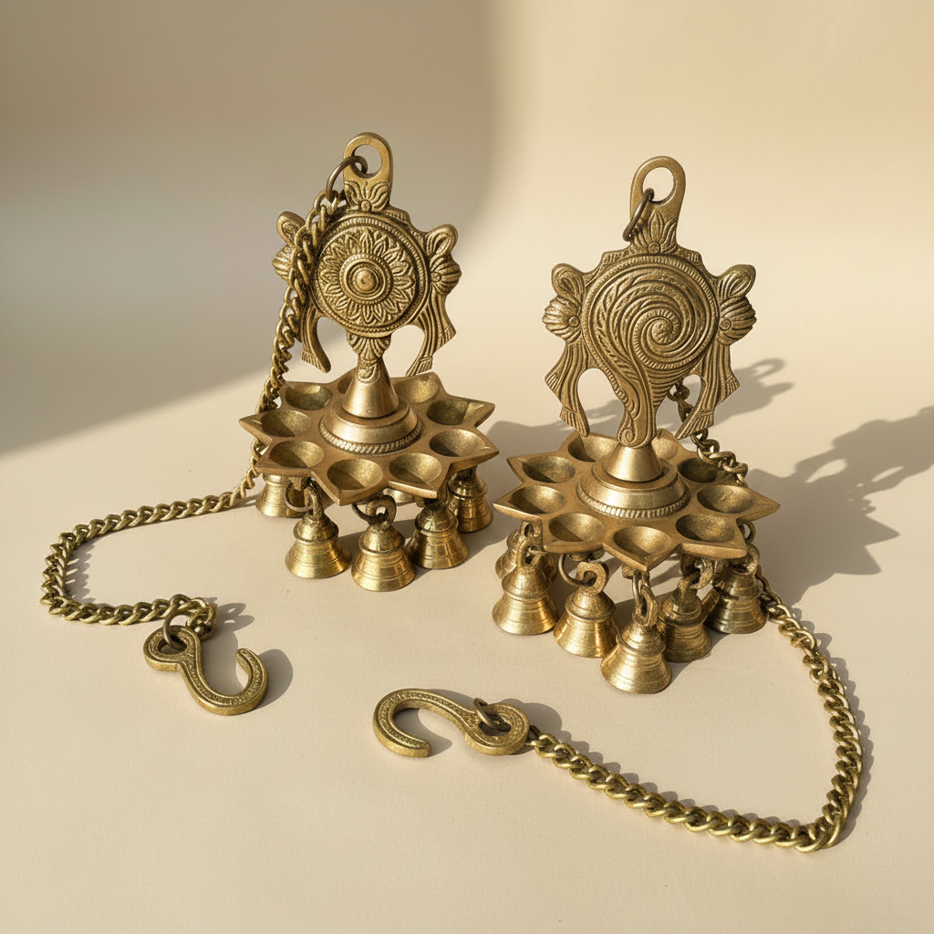 Handcrafted brass Shankh Chakra hanging diya with traditional bells