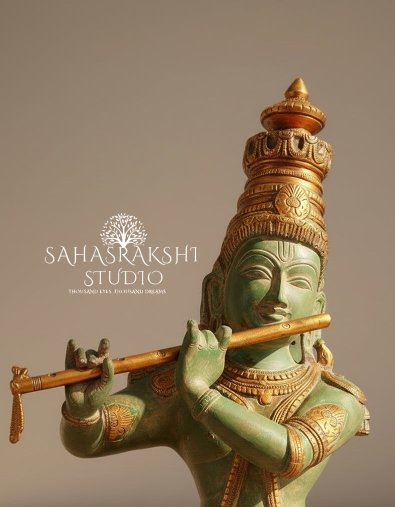 Lord Sri Krishna with green patina finish - Pure Brass - Handcrafted with love