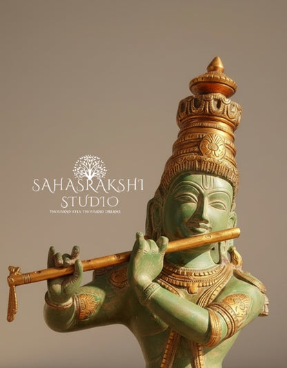 Lord Sri Krishna with green patina finish - Pure Brass - Handcrafted with love