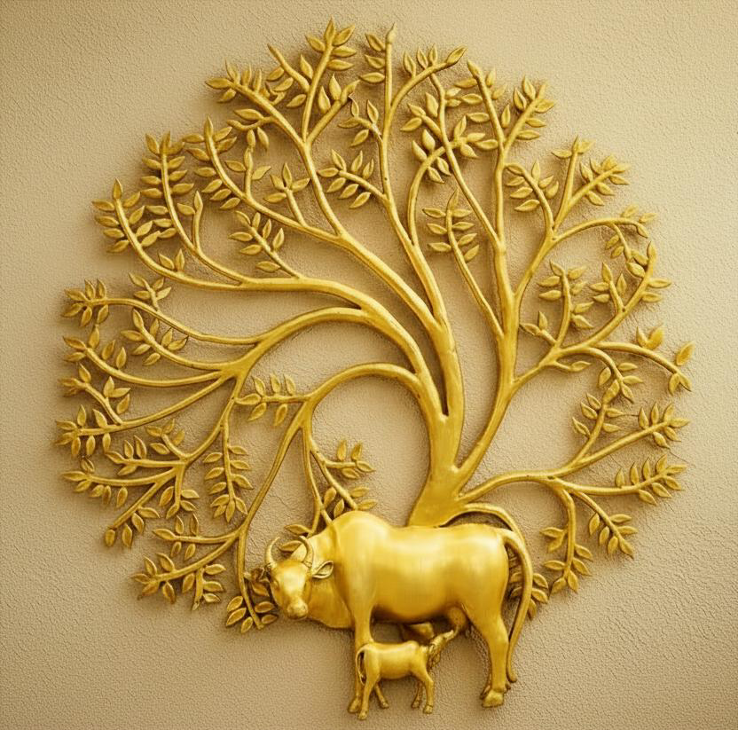 Grand 40-Inch Premium Brass Kalpavruksha with Cow & Calf – Sacred Abundance Wall Art
