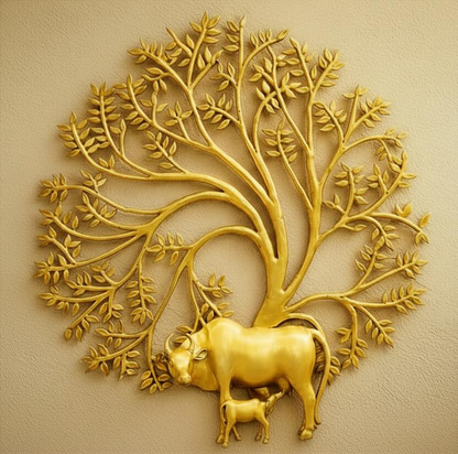 Grand 40-Inch Premium Brass Kalpavruksha with Cow & Calf – Sacred Abundance Wall Art