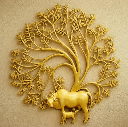 Grand 40-Inch Premium Brass Kalpavruksha with Cow & Calf – Sacred Abundance Wall Art