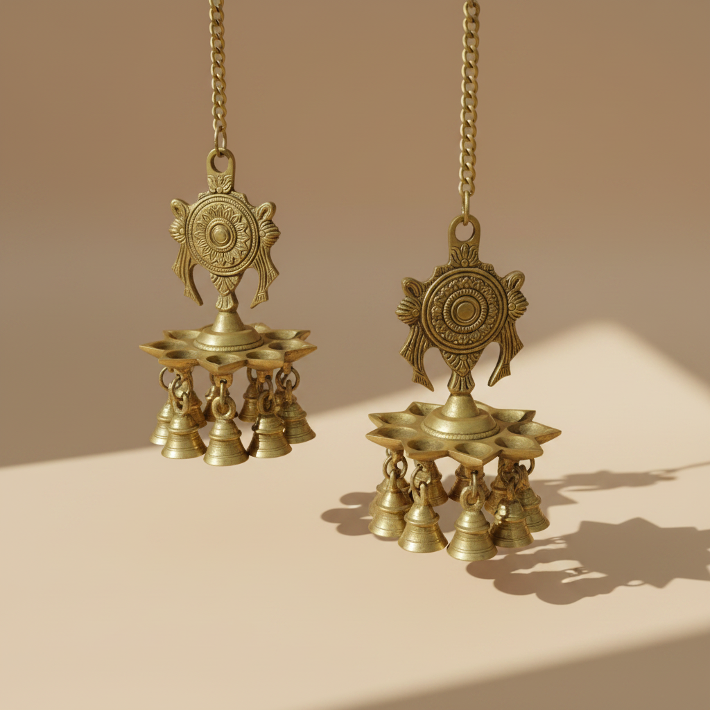 Handcrafted brass Shankh Chakra hanging diya with traditional bells