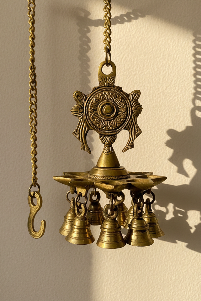 Handcrafted brass Shankh Chakra hanging diya with traditional bells