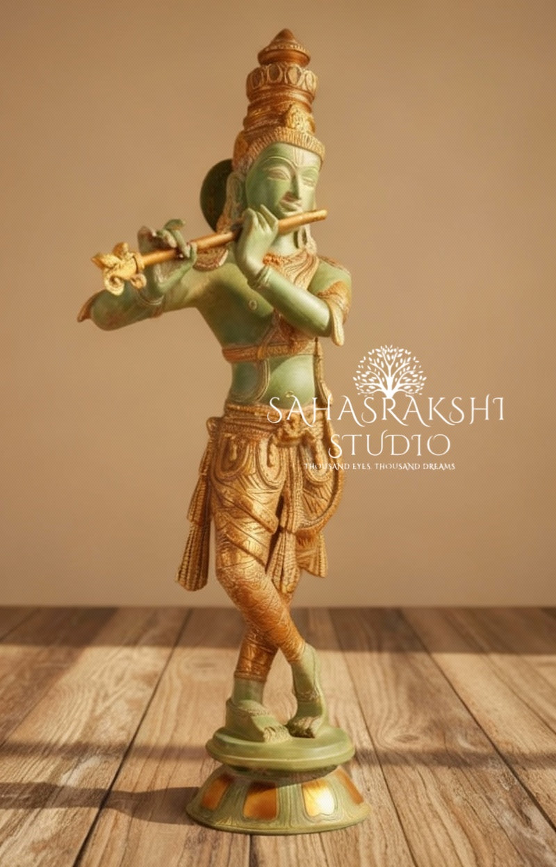 Lord Sri Krishna with green patina finish - Pure Brass - Handcrafted with love