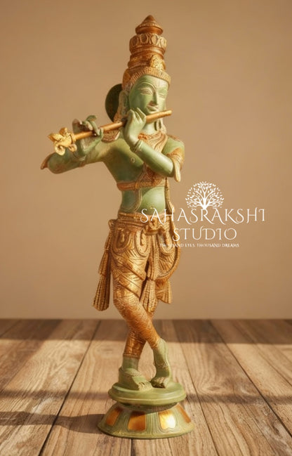 Lord Sri Krishna with green patina finish - Pure Brass - Handcrafted with love