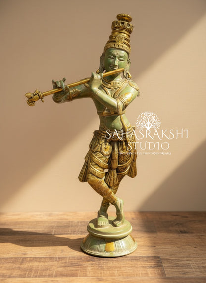 Lord Sri Krishna with green patina finish - Pure Brass - Handcrafted with love