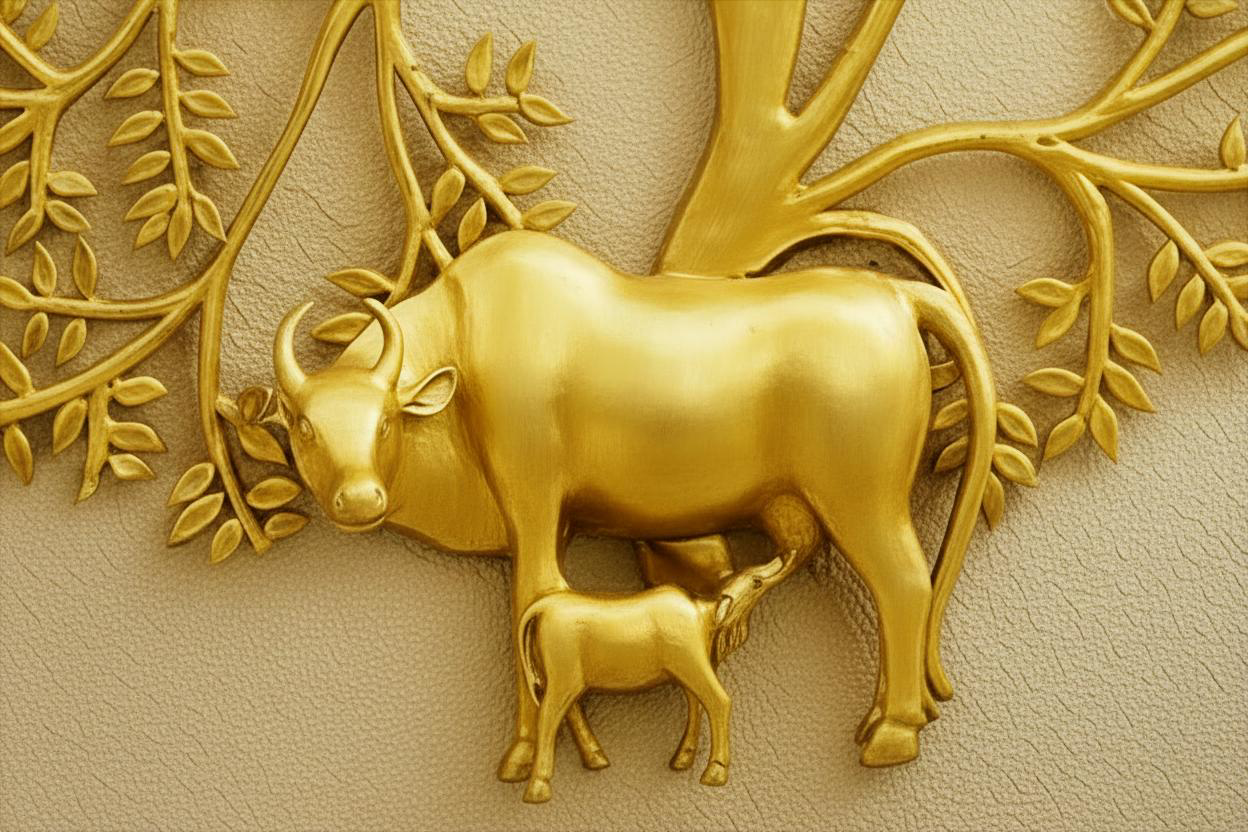 Grand 40-Inch Premium Brass Kalpavruksha with Cow & Calf – Sacred Abundance Wall Art