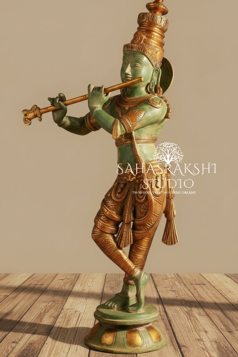 Lord Sri Krishna with green patina finish - Pure Brass - Handcrafted with love