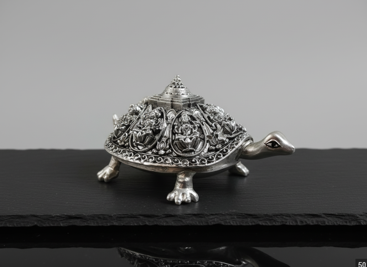 Vastu Astalakshmi Kurma Tortoise with Maha Meru- Silver plated Polyresin