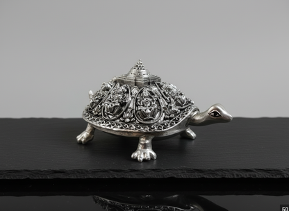 Vastu Astalakshmi Kurma Tortoise with Maha Meru- Silver plated Polyresin